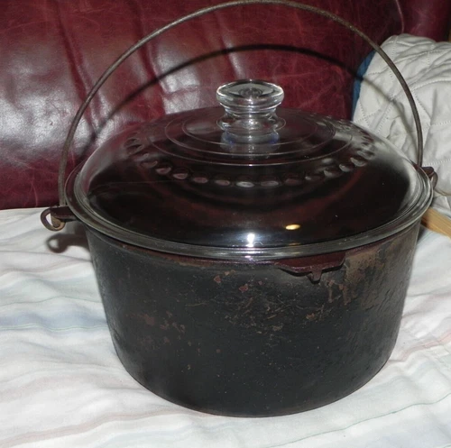 VINTAGE RARE GRISWOLD “ERIE” #6 CAST IRON MASLIN KETTLE #937 & C-8 GLASS COVER