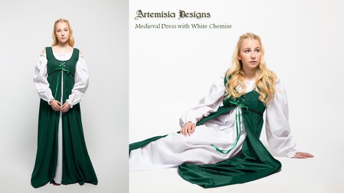 Medieval Dress, Renaissance Peasant Gown w/ White Chemise 2pc Costume Ren Faire - Picture 23 of 23