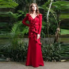 Long Sleeves Pleat Prom Gown V-Neck Ruched Sheath Backless Evening Dresses