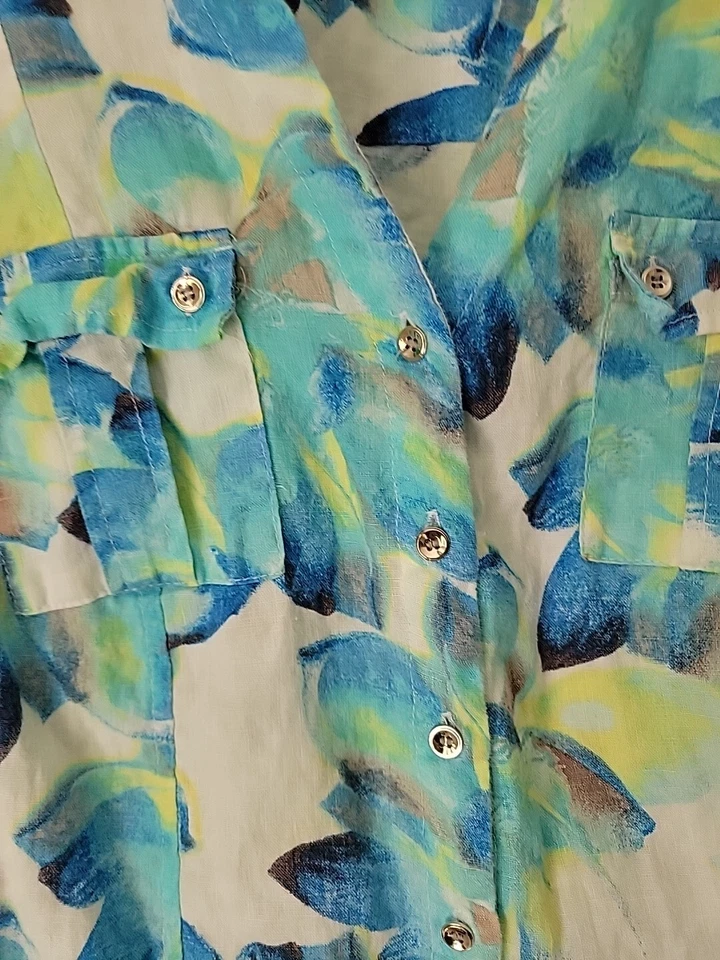 JMS 亚麻花卉上衣纽扣前皱褶袖 12 码 — 第 4/4 张图片