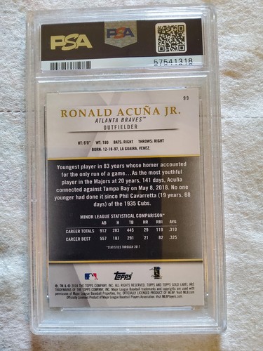2018 Topps Gold Label #99 Ronald Acuna JR. RC Rookie PSA 9 - Picture 4 of 4