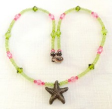 Green  Pink Glass and Silver Starfish Necklace  Earrings - Beachy