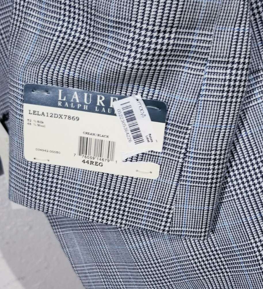 44R Ralph Lauren Prince Of Wales SILK wool Gray/blue Sport Coat