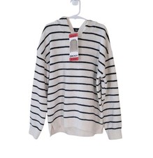 New DKNY M 10-12 White Multi Striped Hooded Sweater Girls