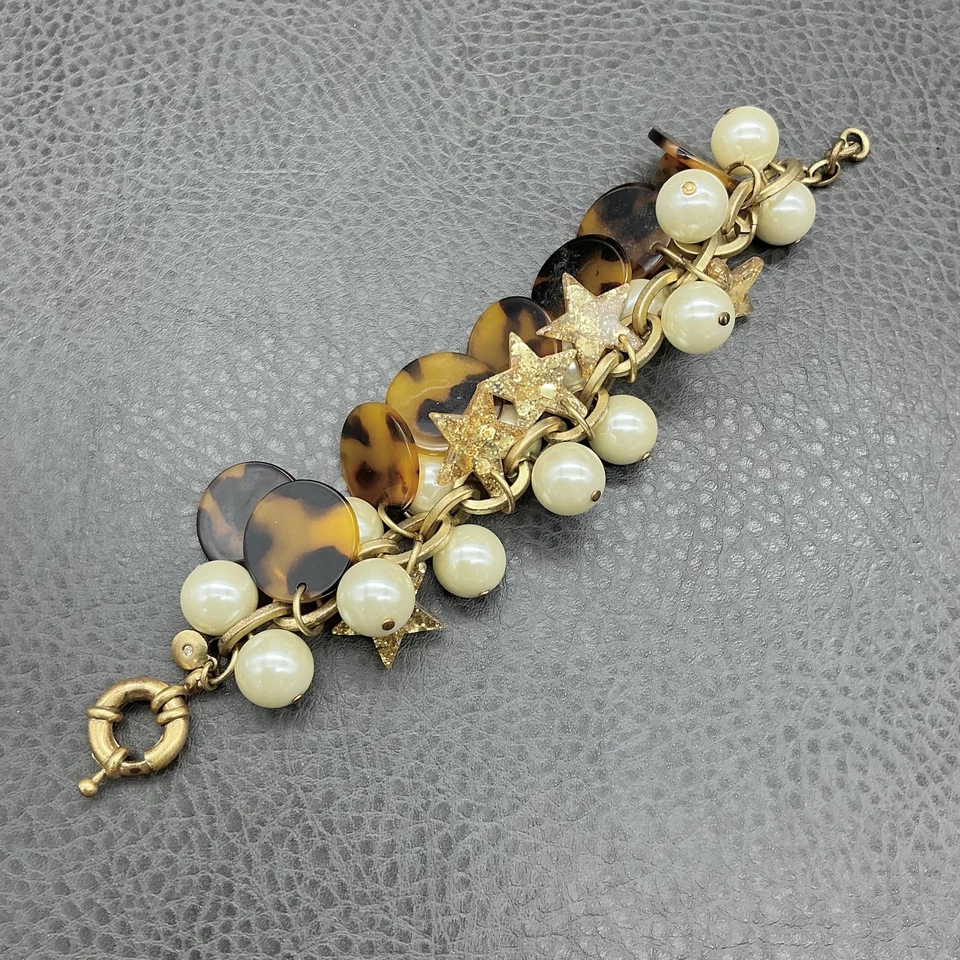 J.Crew Tortoise Disc Faux Pearl Star Charm Bracelet Gold Tone Spring Ring 7" - Image 4 of 4
