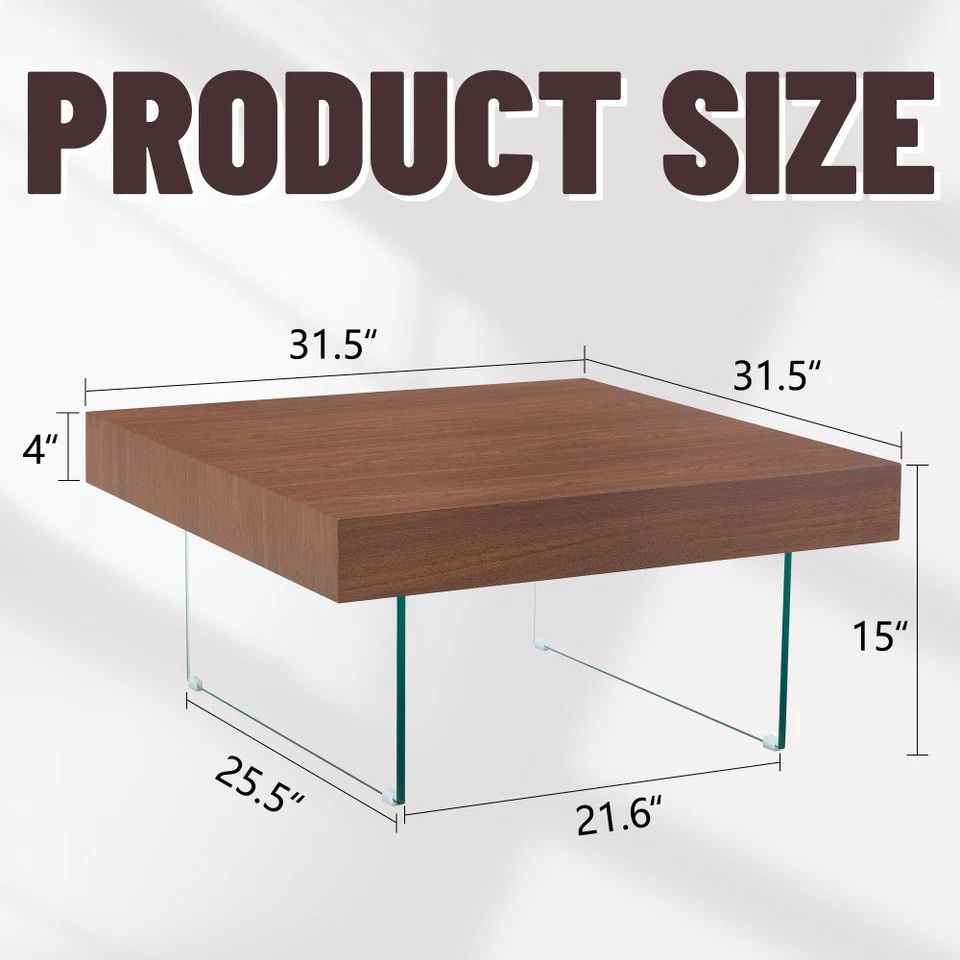 Square Walnut MDF Coffee Table with Transparent Tempered Glass Legs 31.5" Size - Image 4 of 4