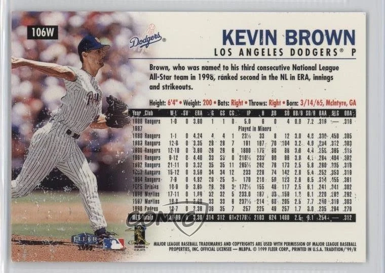1999 Fleer Tradition Warning Track Kevin Brown #106W - Image 2 of 2