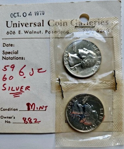 Lot of 2, 1959-P & 1960-P Proof Washington Quarters ~ 90% Silver