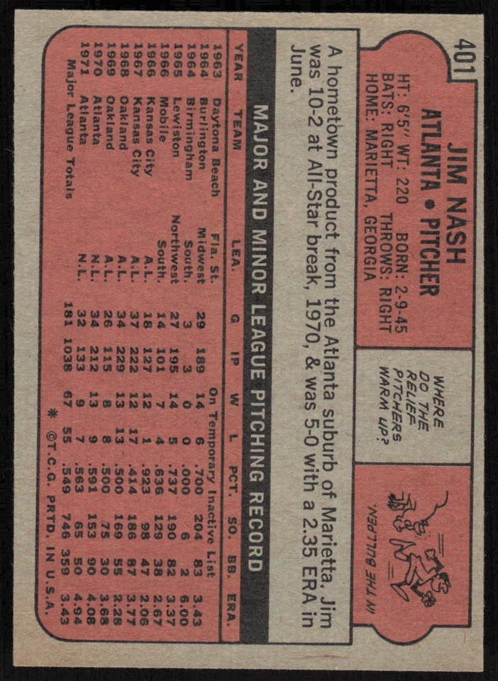 1972 Topps #401 Jim Nash - $1 SHIPPING (JB4) - Image 2 of 2