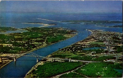 Postcard - Air Photo Cape Cod Canal And Buzzards Bay Bourne Bridge In Foreground
