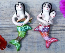Mermaid Mom & Mermaid Fish Clay Ornaments New Set of 2 Handmade Mexican Folk Art