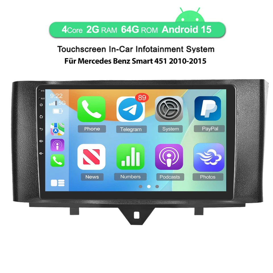 DAB+ Android 15 Autoradio GPS Navi Carplay Für Mercedes Benz Smart 451 2010-2015 - Bild 2 von 4