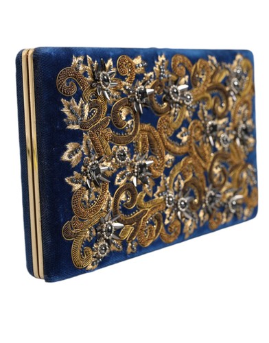 Dolce & Gabbana Blue Velvet Gold Frame Clutch Evening Party Purse Women's Bag - Picture 2 of 6