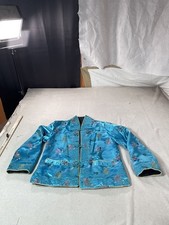 Vintage Chinese Satin Jacket Womens Medium Blue Embroidered Floral Hong Kong 90s