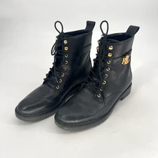 Ralph Lauren Elridge Boots Womens 10 Black Leather Gold Logo Classic Designer