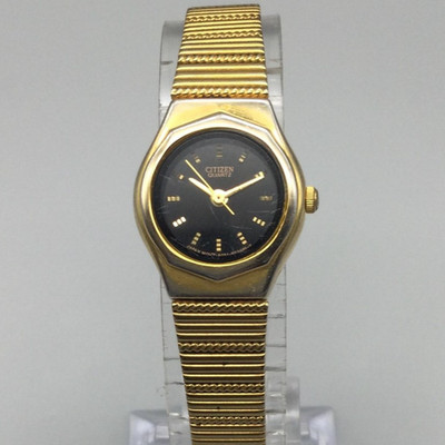 Vintage Citizen Watch Womens 19mm Gold Tone Black Dial 6031-K06614