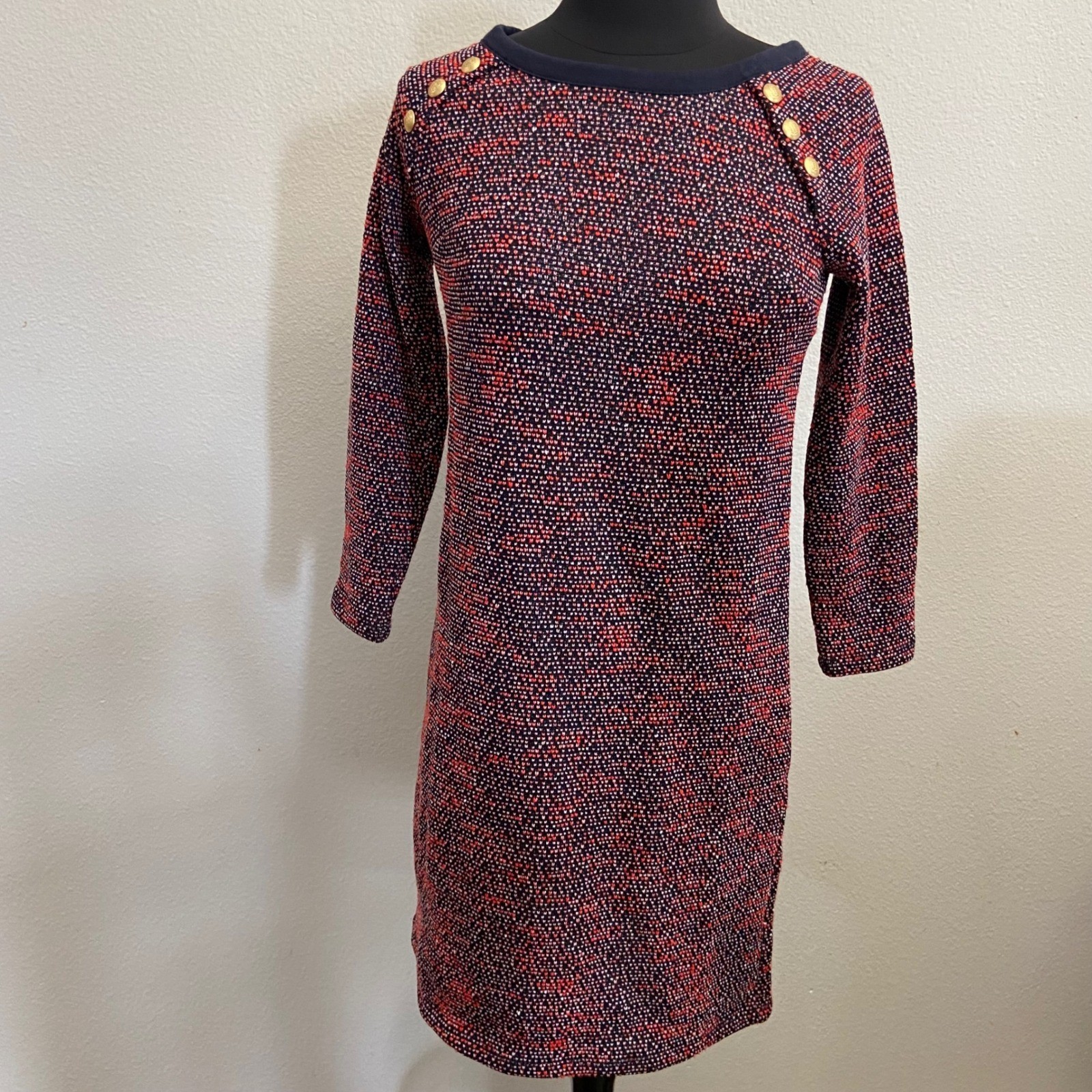 Talbots Petite Navy Pink White Speckled Knit Crew Neck Button Sweater Dress