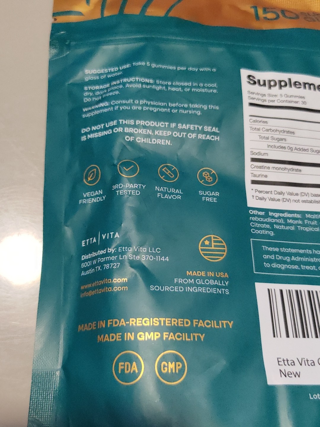 Etta Vita Sugar Free Creatine Taurine Pro Endurance 150 Gummies 8/2027