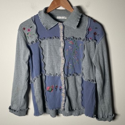 y2K Patchwork Cardigan Cotton Ribbed Floral Cottage Granny Twee Button Up 90s M