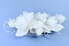 Vintage Wedding Bridal Hair Comb Floral White Roses Faux Pearls Leaves