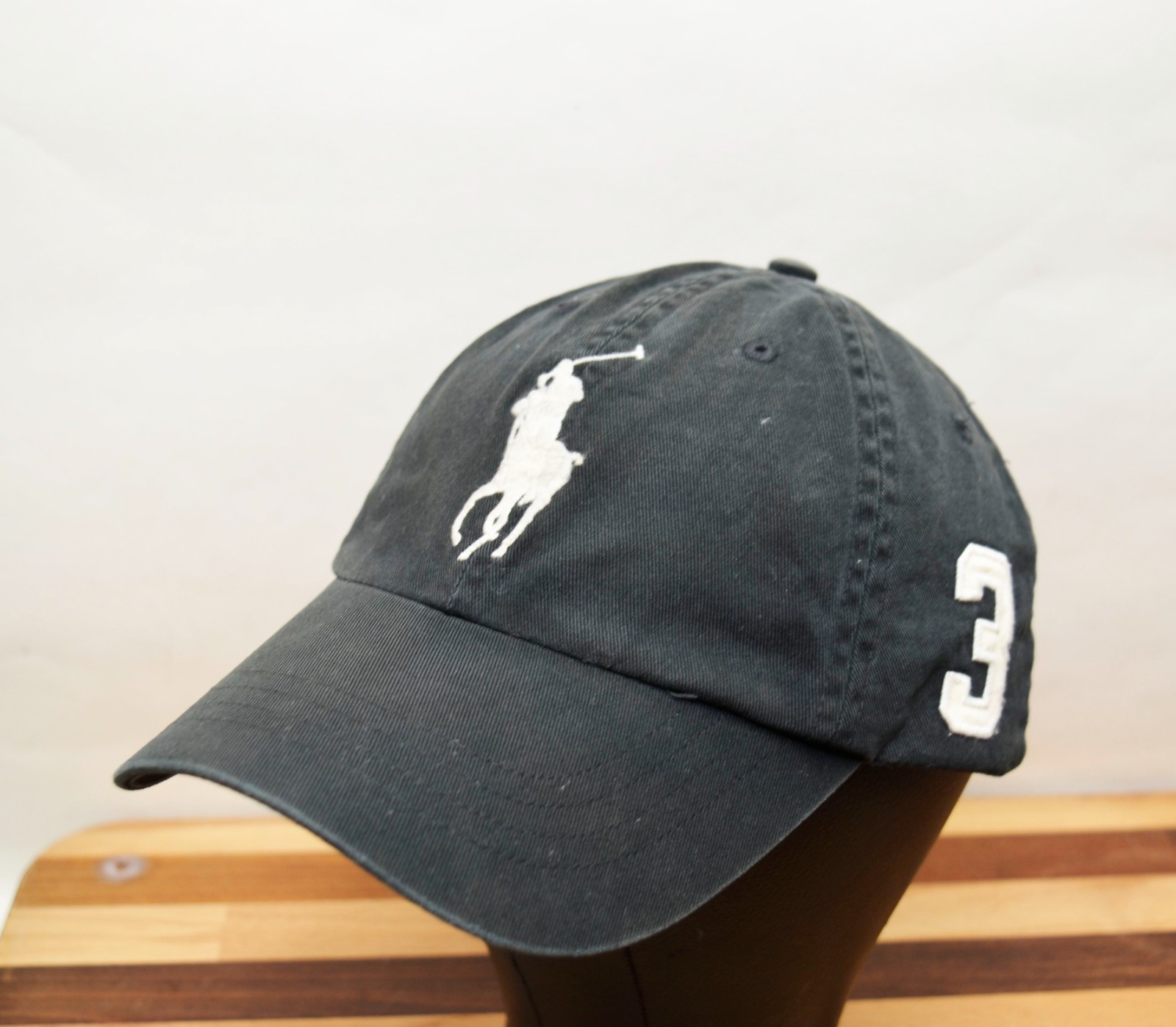 Cappello Berretto Vintage Polo Ralph Lauren Grande Logo Pony #3 Cinturino Pelle Tela Nero