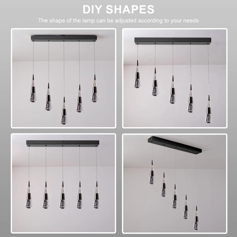 Lámpara colgante moderna de 5 luces negra regulable para cocina isla Foto 2 de 4