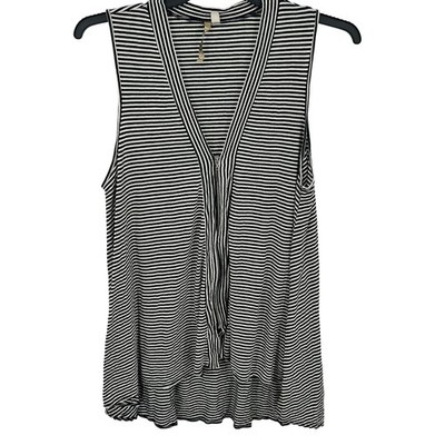 Comfy USA MEDIUM Black White Striped Sleeveless Zipper V Neck Shirt Top Womens 