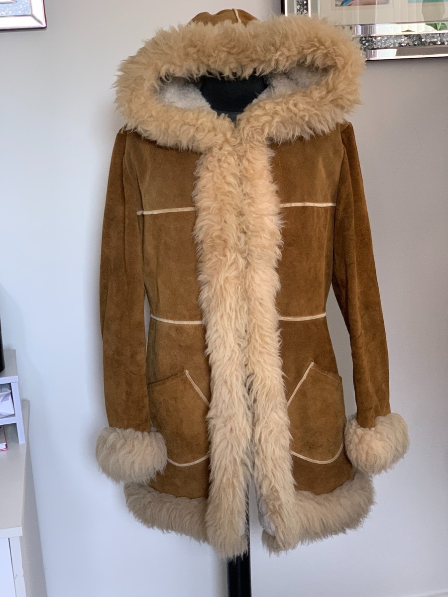 Harrods real sheepskin fur Afghan shearling coat Toscana hood jacket UK12 US8 View 2