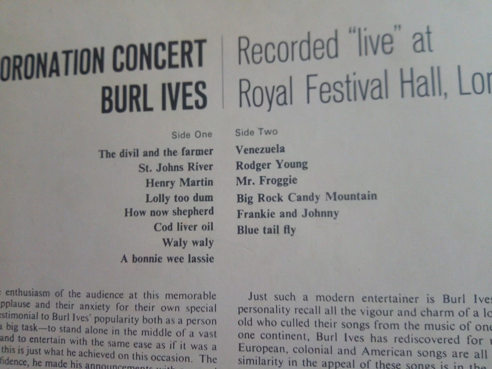 Burl Ives - Coronation Concert Festival Hall - UK Coral CP31 mono  LP  - Image 4 of 4