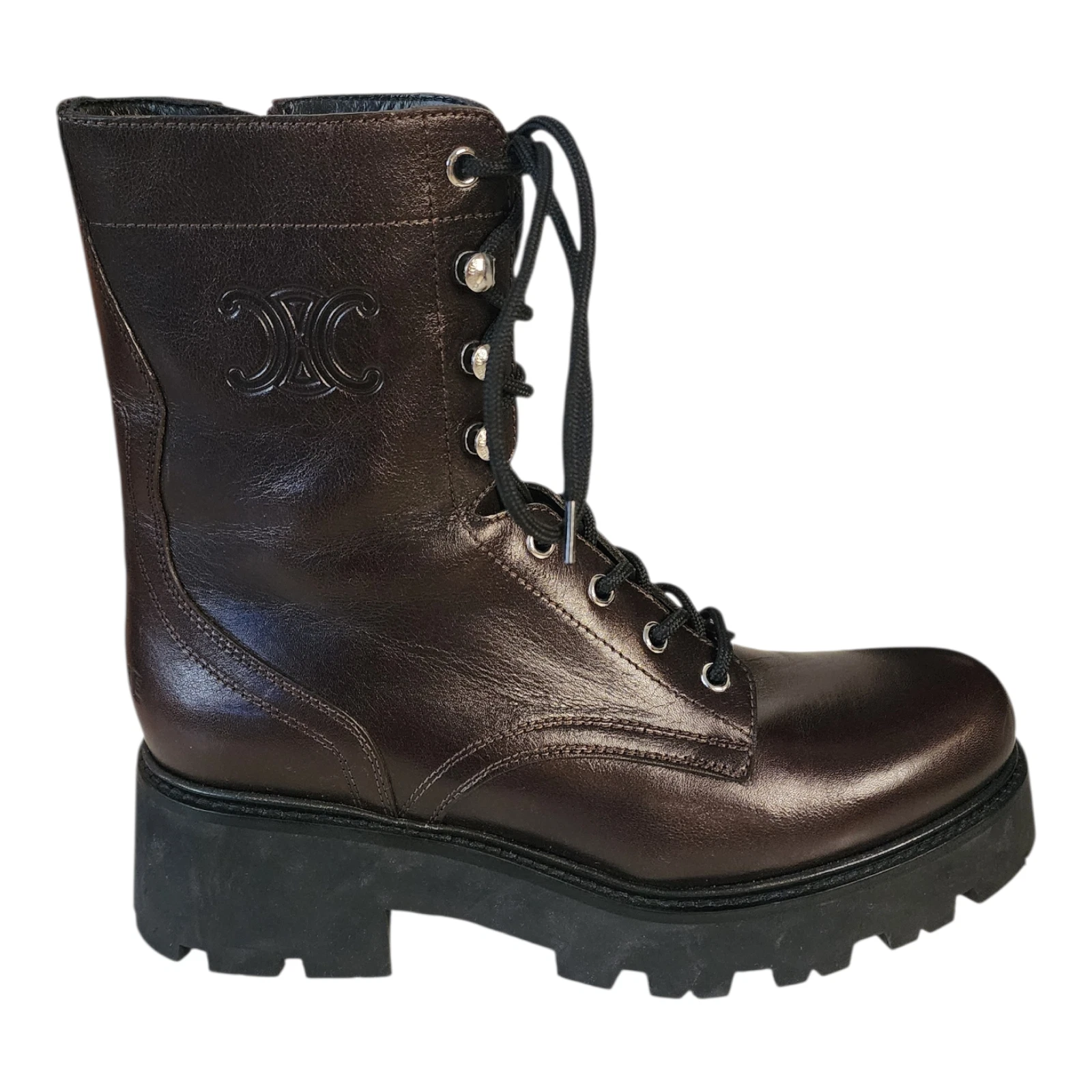 Celine — Celine Triomphe Calfskin Laceup Zipper Dark Chocolate Biker Boot Italy Size 10B