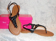 TOP MODA "port 62" black thong style strappy sandal womens floral studded detail
