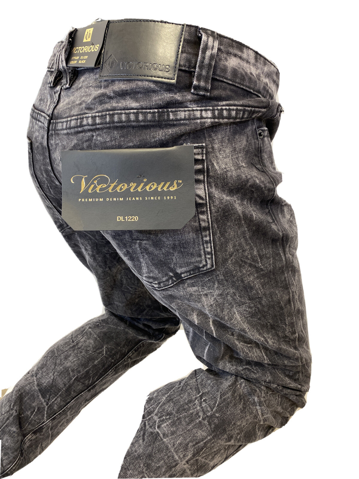 Mens Jean VICTORIOUS SKINNY LEG FIT BLACK DENIM ZIPPER POCKET BIKER