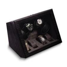 High Gloss Dark Grey Ash Wood Glass Door Felt Lined Locking 4-Watch Winder and 4