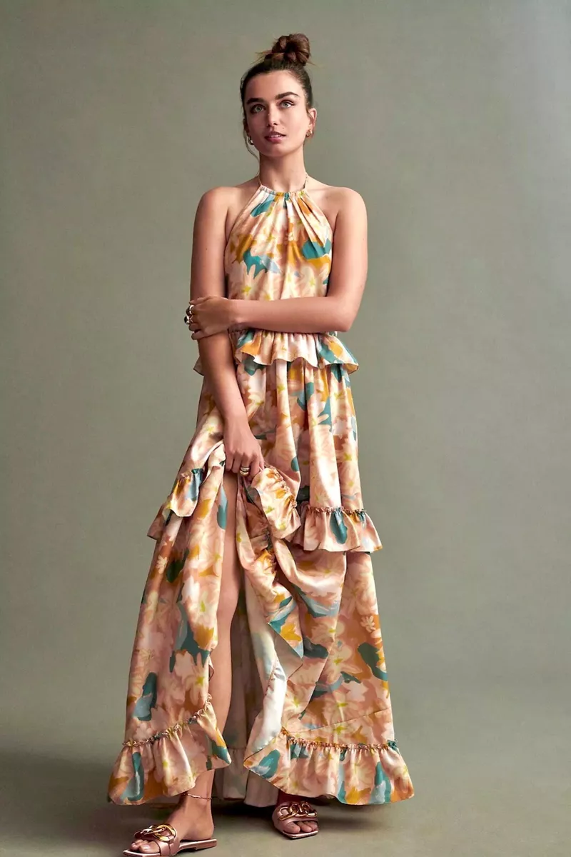 NWT ANTHROPOLOGIE GEISHA DESIGNS RUFFLED TIERED FLORAL HALTER MAXI