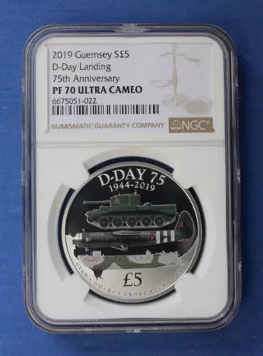 2019 Guernsey Silver Proof £5 coin "D-Day Landings" NGC Graded PF70 Ultra Cameo