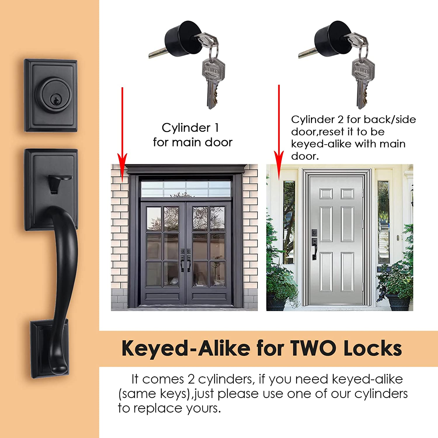 Matte Black Double Door Handle Set with Door Lever Handle,(Keyed and