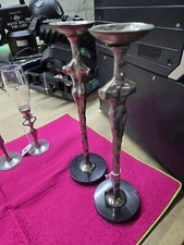 Vintage M. Aram Silver Plated Adam/Eve Tall Candlesticks Black Marble Base Burn