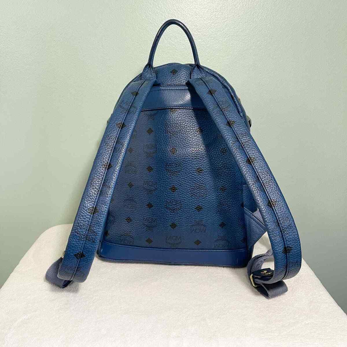MCM Munchen Blue Leather Embellished Golden & Silver Studded MCM Munchen Blue Leather Embellished Golden & Silver Studded