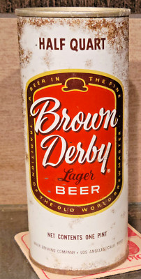 1968 ORANGE 16 OUNCE BROWN DERBY STEEL PULL TAB BEER CAN MAIER LOS ANGELES CA