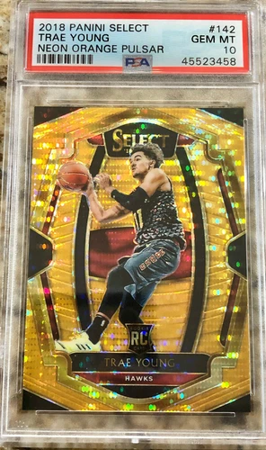 2018-19 Select Premier Trae Young FOTL Neon Orange Pulsar RC Prizm /13 PSA 10