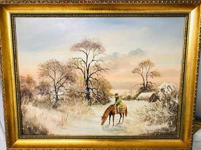 VOLLBLUTPFERD LANDSCHAFTLICHES ÖLGEMÄLDE VON M.R. PRENELLE