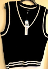 NWT 168 AQUA 100 CASHMERE RIBBED V-NECKLINE KNIT VEST color:BLACK IVORY size L