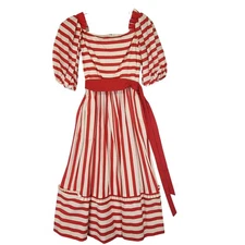 Vintage Victor Costa Dress Womens 6 Red White Stripe Puff Sleeve Belted 80s