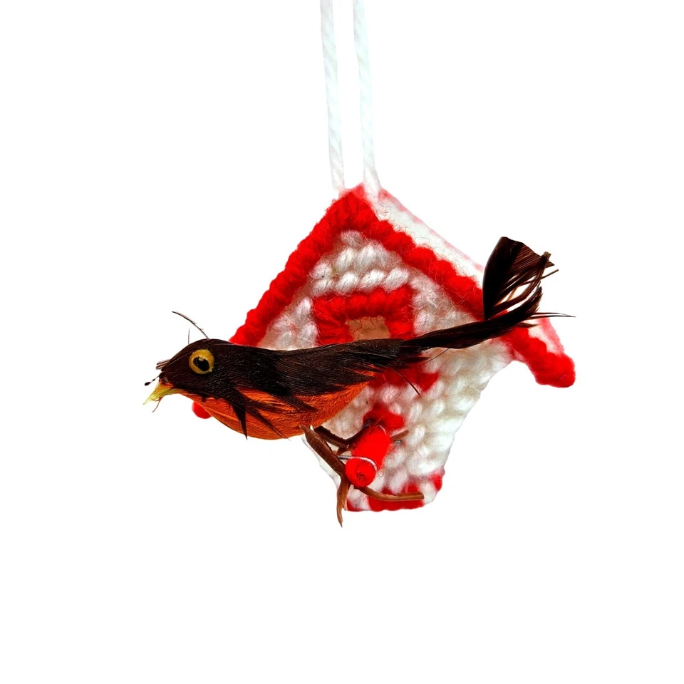 Handcrafted Vintage Christmas Ornaments Set Of 8 Plastic Canvas & Yarn Red Green - Image 2 of 4