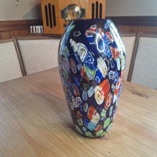 Vintage Millefiori Blue Art Glass Vase Heavy Hand-blown Colorful Glass