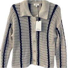 NWT Elan Womens Small Soft Knit ButtonUp Sweater Cardigan Cream w/black stripes