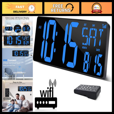 Large Digital Wall Clock WiFi Sync 16.5'' LED Display with Temp/Date/Alarm, Remot