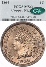 1864 1C PCGS MS64 CAC Copper Nickel Indian Head Cent Green Bean Solid Blue Label