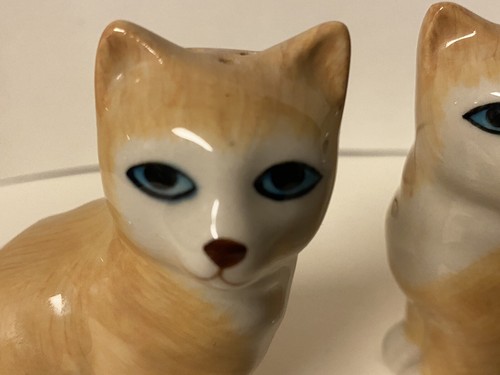 Handpainted Delft Blue Cat Salt And Pepper Shaker Set Orange Tabby Kitty - Picture 9 of 9