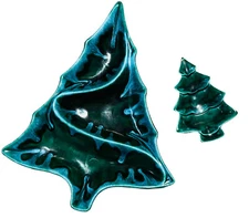 Christmas tree ceramic chip and dip plate vintage green divided 